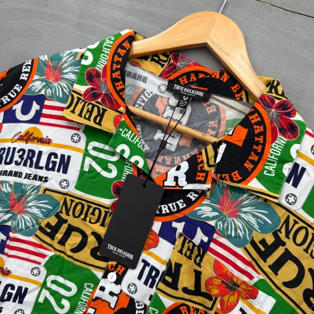 NEW True Religion SS Camp Hawaiian Shirt Graphic Print Multi Color Button Up XL